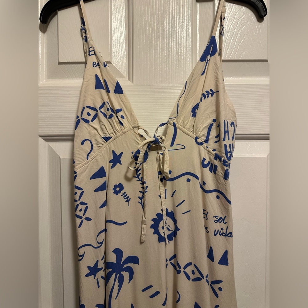 Artistic Blue and Cream V-Neck Dress